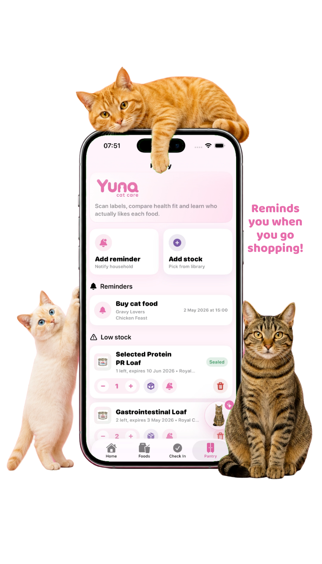 Yuna pantry screen with stock and reminder tools
